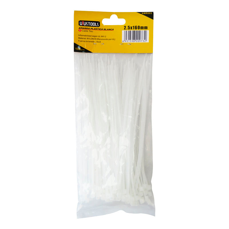 Amarra plastica blanca 2.5 x 160 mm 100UN/SET UYU (pack 10 sets)