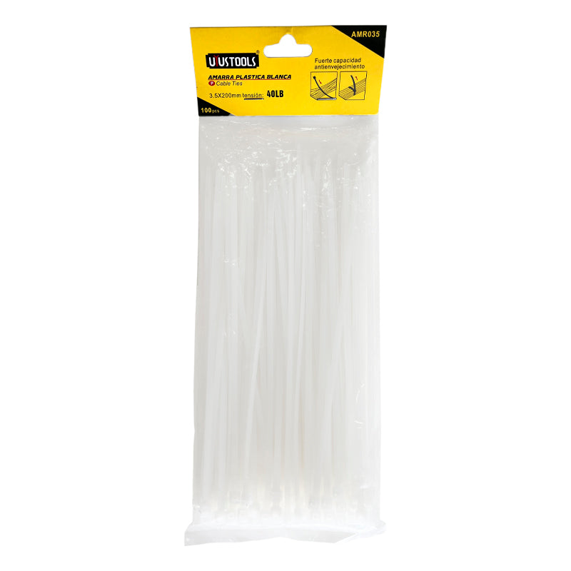 Amarra plastica blanca 3.5 x 200 mm 100UN/SET UYU (pack 10 sets)