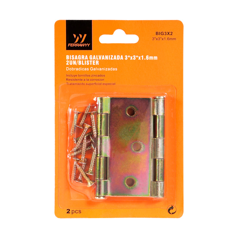 Bisagra galvanizada 3"X3"X1.6MM 2PCS (pack 12 sets)