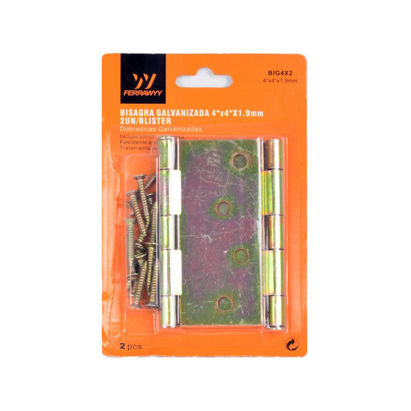 Bisagra galvanizada 4"X4"X1.9MM 2PCS (pack 12 sets)