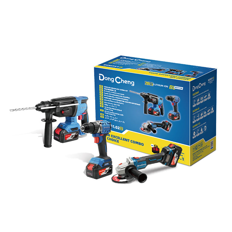 Kit esmeril angular 20V 4 1/2" + taladro percutor 13MM 60NM 20V + rotomartillo 24MM 20V/4.0Ahx2 (DCSM03-115+ DCJZ2060i+DCZC04-24) Dongcheng