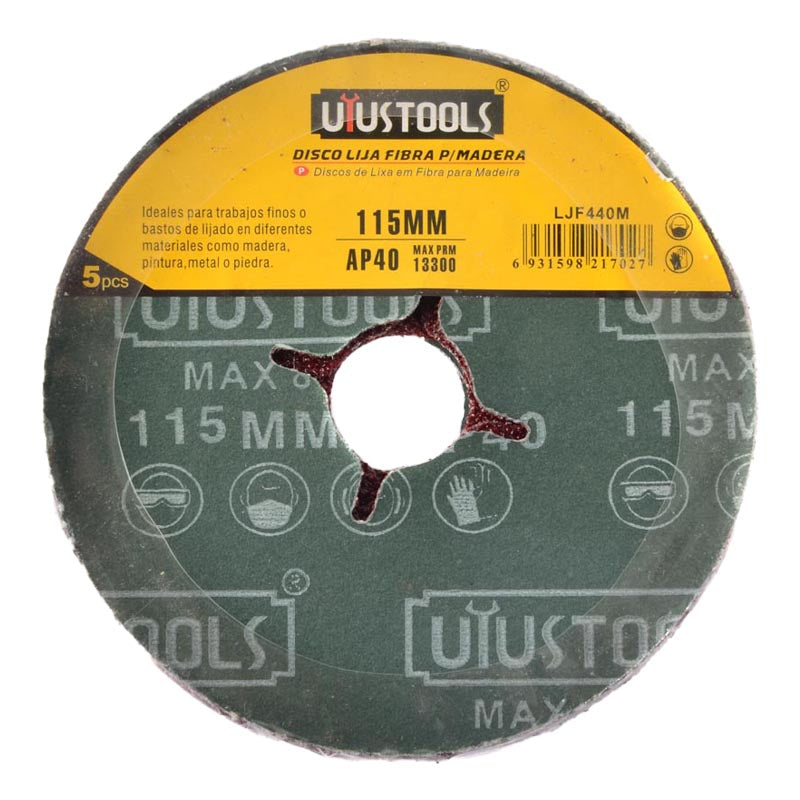 Set 5 un disco lija fibra p/madera 4 1/2" #40 UYU (pack 10 sets)
