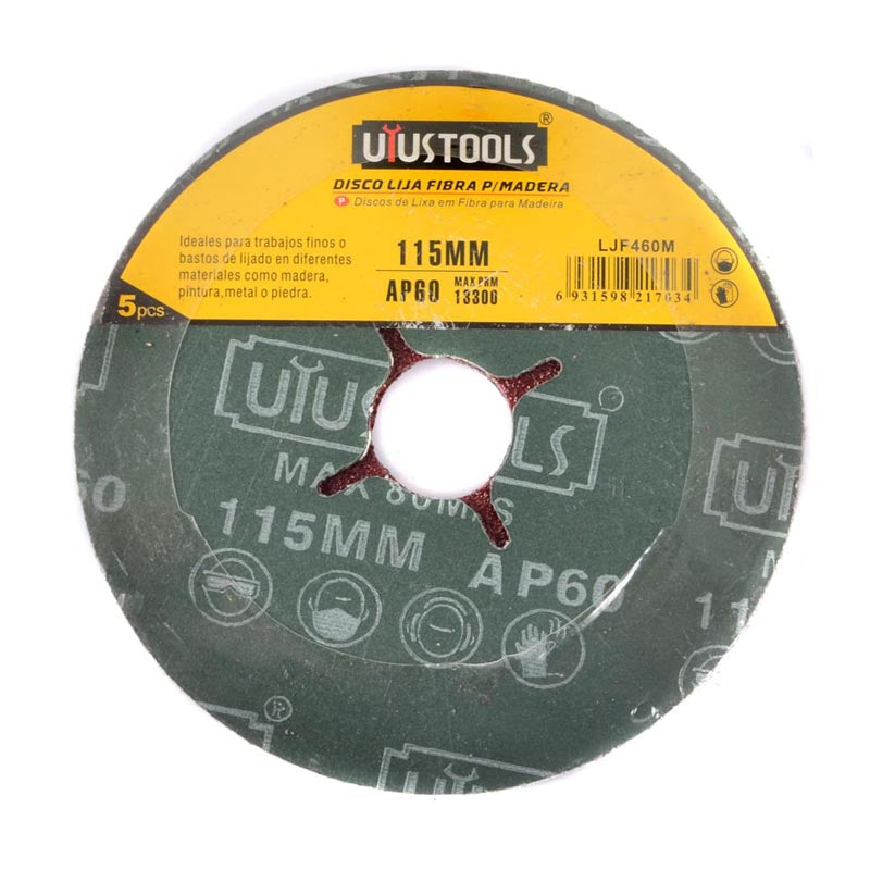 Set 5 un disco lija fibra p/madera 4 1/2" #60 UYU (pack 10 sets)