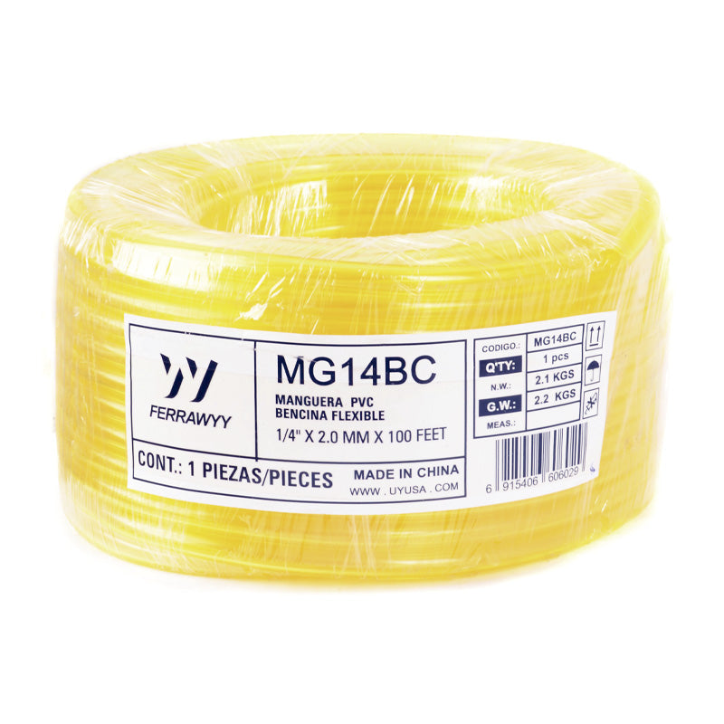 Manguera PVC bencina flexible 1/4" x 2.0MM x 100FEET