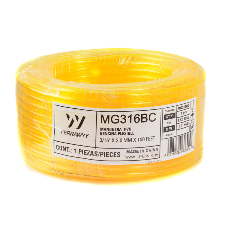 Manguera PVC bencina flexible 3/16" x 2.0MM x 100FEET