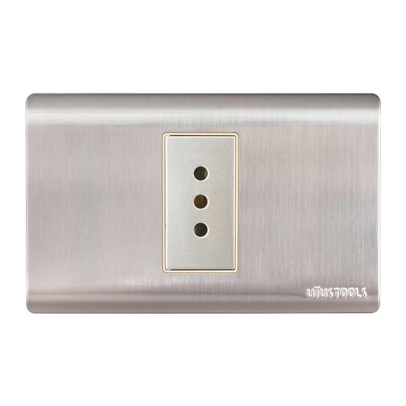 Tomacorriente simple 10A emp acero-inox curva UYU (pack 5 unidades)