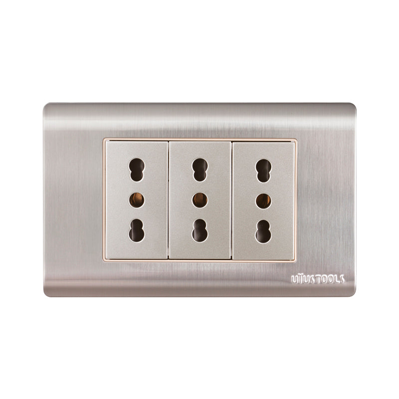 Tomacorriente triple 16A emp acero inox curva UYU (pack 5 unidades)