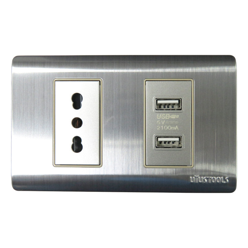 Tomacorriente c/ USB 16A inox curva UYU (pack 2 unidades)
